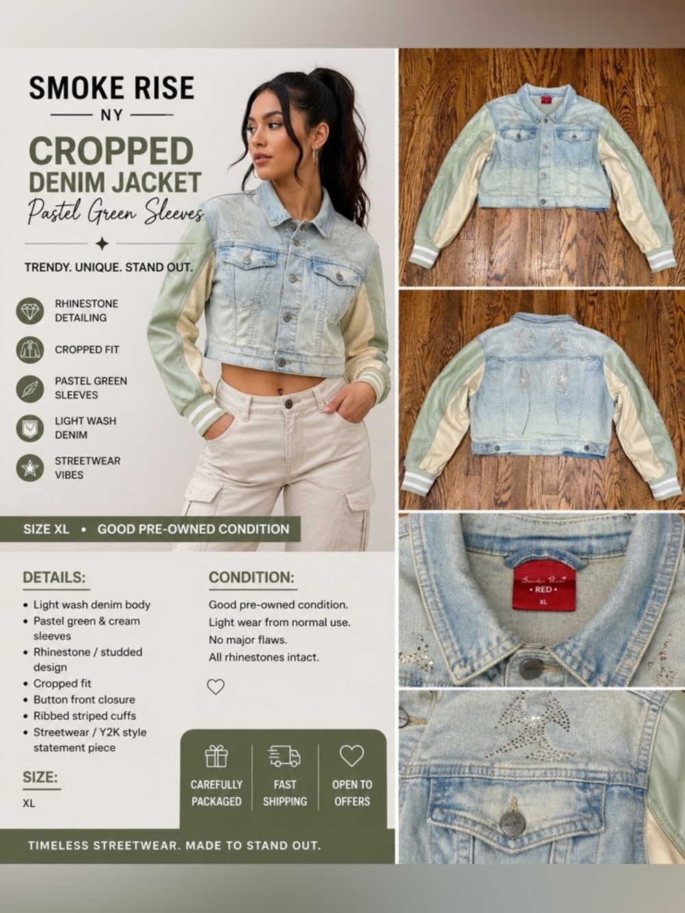Smoke Rise Cropped Denim Jacket XL Light Wash Rhinestone Studded Streetwear